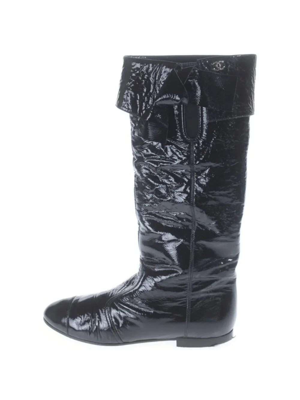 Chanel CC Logo Leather Silver Long Boots Shoes 1 2C Black 37